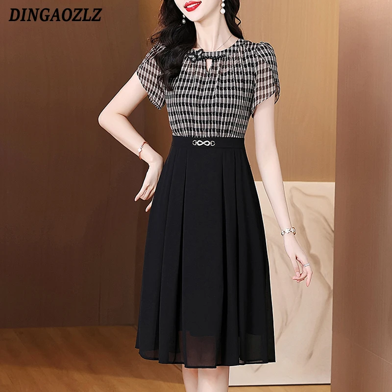 

2025 Summer New Fashion Plaid Dress Elegant Fashion Mid Casual Dresses Slim Waist Short Sleeve Chiffon Dress Vestidos