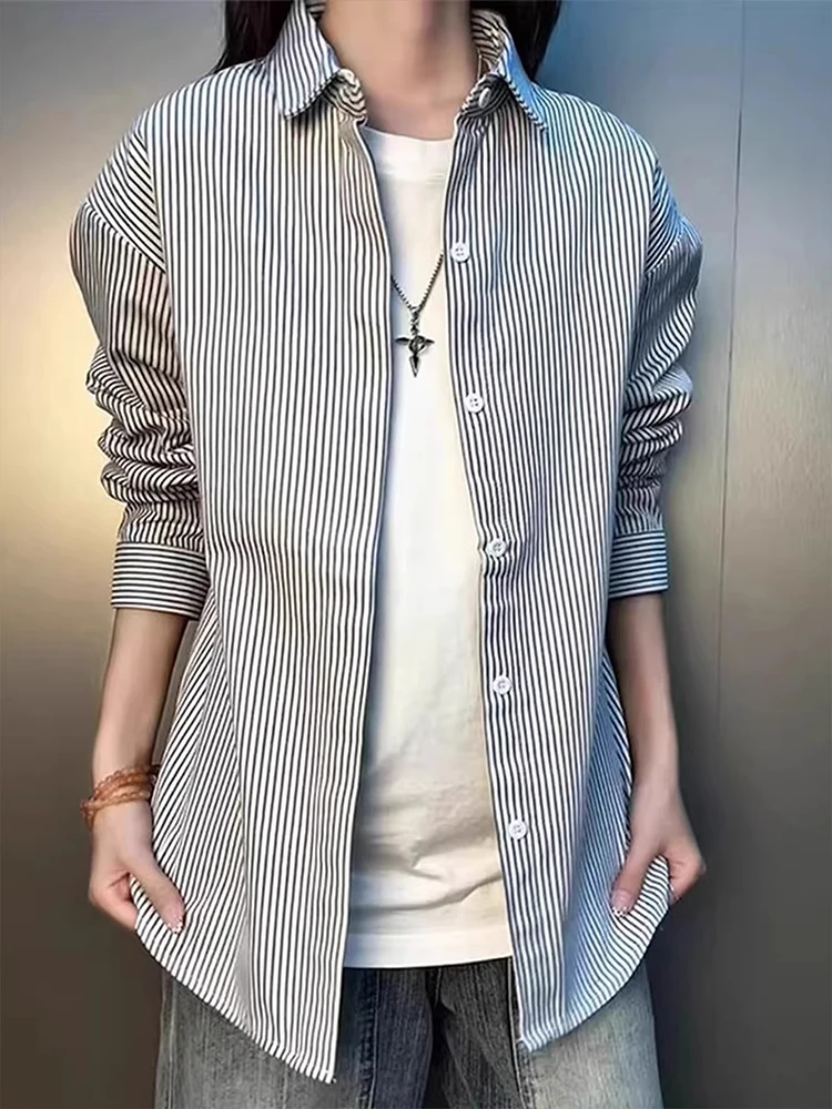 

Blue Vertical Striped Loose Casual Long Sve irt Men's Spring Vintage Inner Wear Layering irt Stand Fit Button up