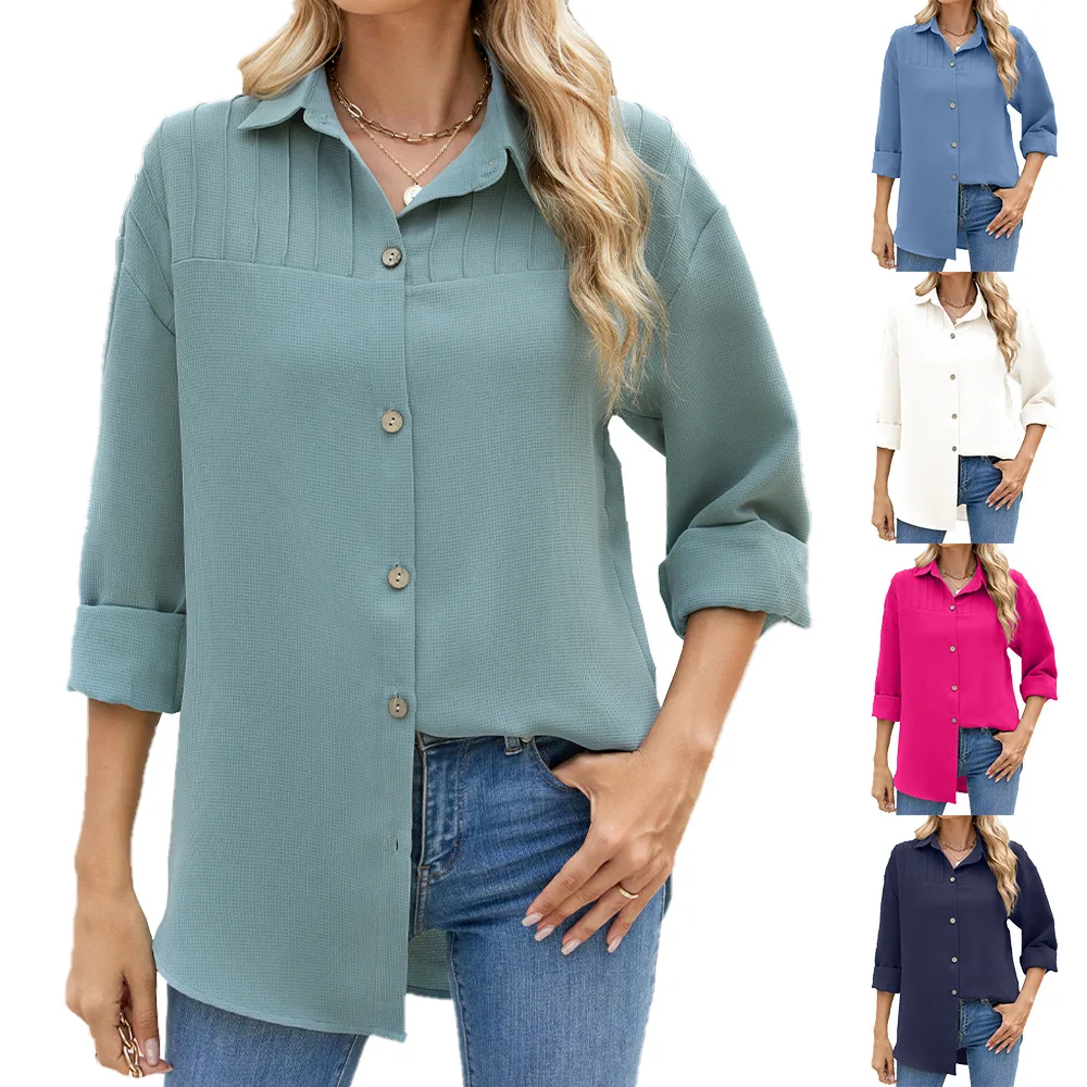 

Autumn and Winter Casual Solid Color Lapel Button Long Sleeve Loose Shirt Women