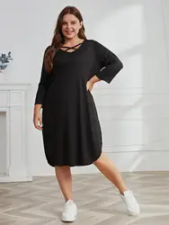 Sukienka damska w rozmiarze Plus Size jednolitym kolorze trzy czwarte rękaw swobodne sukienki z dekoltem w szpic boczne rozcięcie szata letnia odzież damska