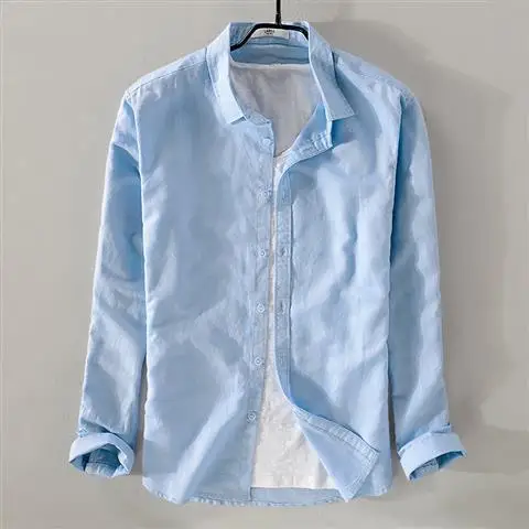 Line Shirt Men's Long-sleeved Casual Lapel Solid Color Loose Youth Japanese Breathable