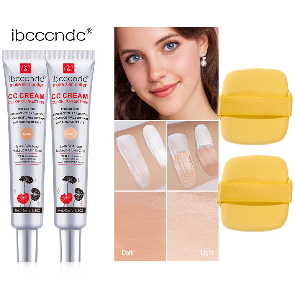 Crema CC Correctora de Color de 45 ml y Borla Gratis, Crema BB Reparadora con Centella Asiática, Corrector, Base Líquida Blanqueadora, Cosméticos