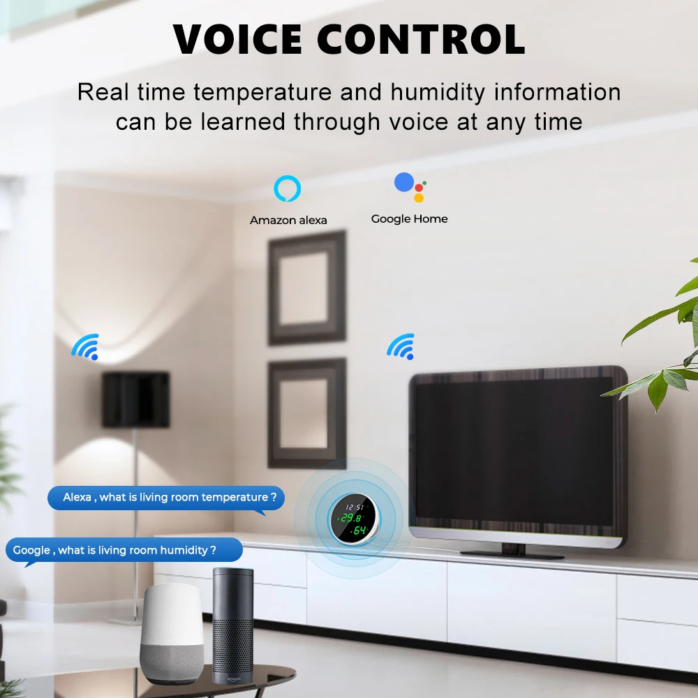 Tuya Wifi Temperature Humidity Sensor Mirror Screen LED Digital Display Indoor Alarm Push Hygrometer Usb Alexa Google Home