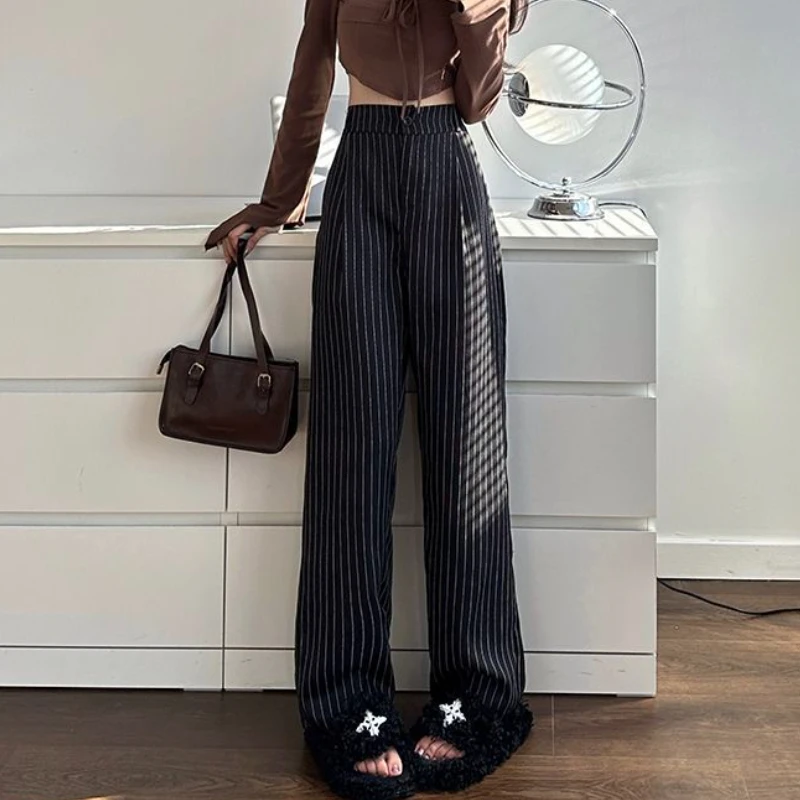 Pantalon à rayures pour femme, simple, taille haute, élégant, bureau, droit, fjmn Mujer, tout match, Ulzzang, rétro, printemps, automne