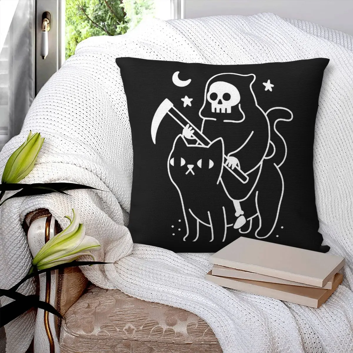 Death Rides A Black Cat Square Pillowcase Pillow Cover Polyester Cushion Decor Comfort Throw Pillow for Home Car