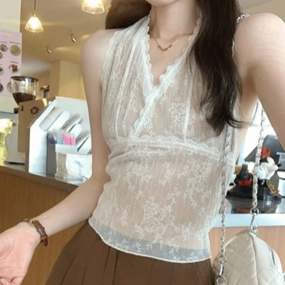 

Elegant Lace Lace Top Hanging Neck Style Cool and Hot Sleeveless Camisole Thai Style Girls Sling Summer
