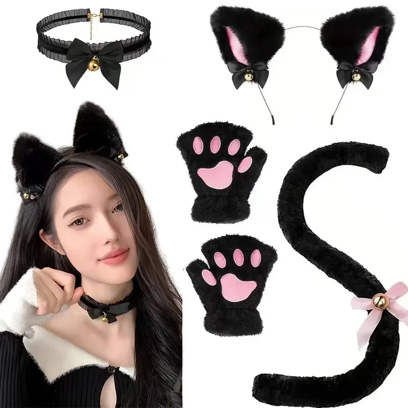 5pcs Cute Cat Paw Gloves & Ear Headband Set, Winter Half Finger Cartoon Gloves Fox Cat Ear Bell Headwear For Girls Cosplay Party