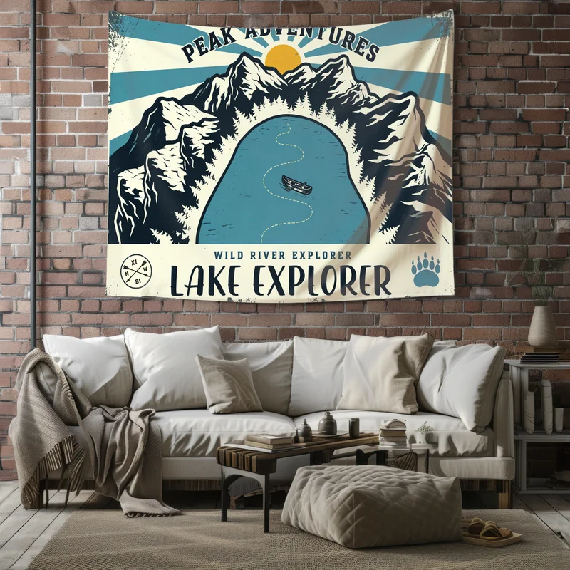 VIKAMA Tapiz Vintage Explorador del Lago, Decoración de Pared Retro con Diseño de Montaña Nevada, Lago, Barco y Aventuras en el Pico de la Pata de Oso