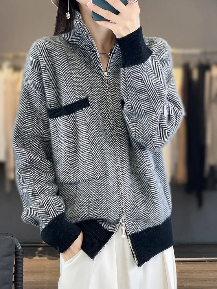 

New Fashion Women's Jacket Zippers Casual Cardigan Autumn Winter Thick Warm 100% Merino Wool Loose Pocket Cashmere Knitwear Tops