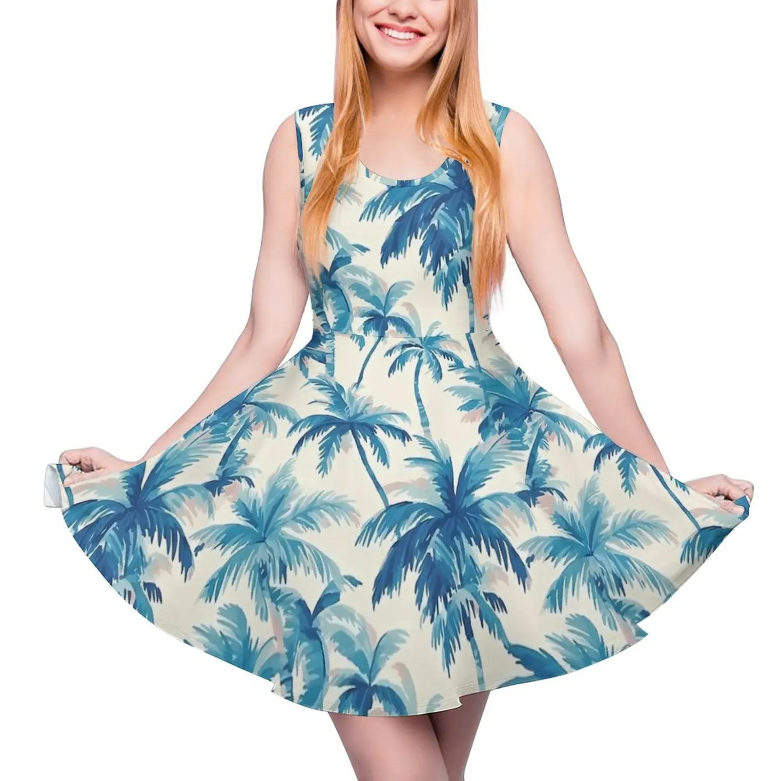 Blue Hawaiian Palm Trees Dress High Waist  Aesthetic Dresses Summer Ladies Big Size Elegant Printed Skate Dress