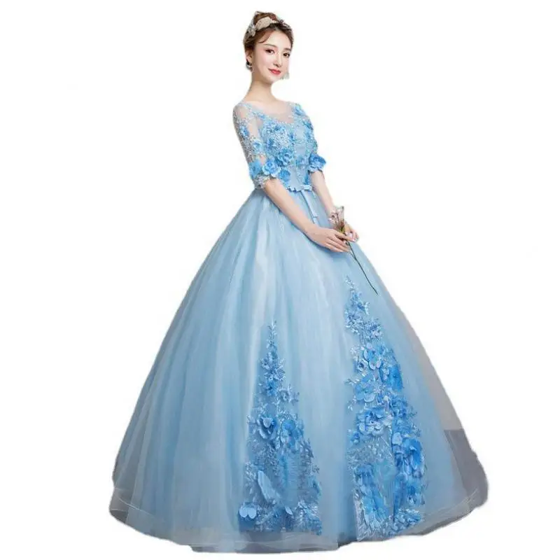 Vestidos de quinceañera con cuello redondo, vestido de baile de tul con apliques elegantes, Media manga, talla grande, azul, nuevo