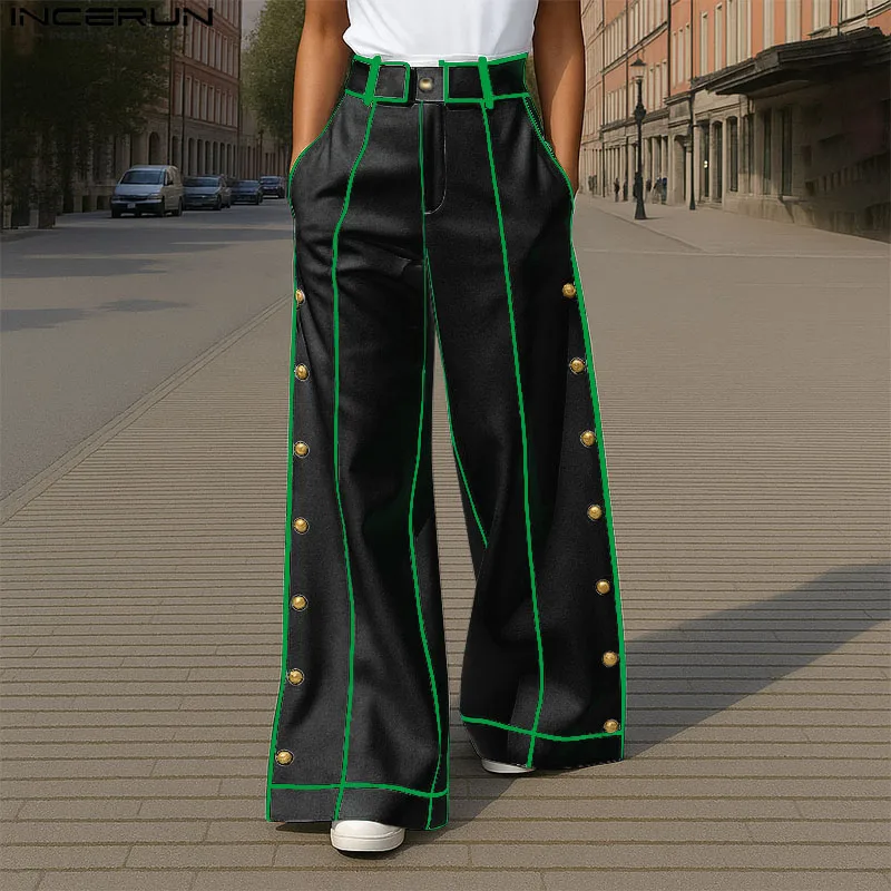 INCERUN الرجال بنطال ذو قصة أرجل واسعة زر ركض فضفاض عادية بنطلون طويل الرجال الشارع الشهير 2025 المرقعة موضة الذكور السراويل S-5XL