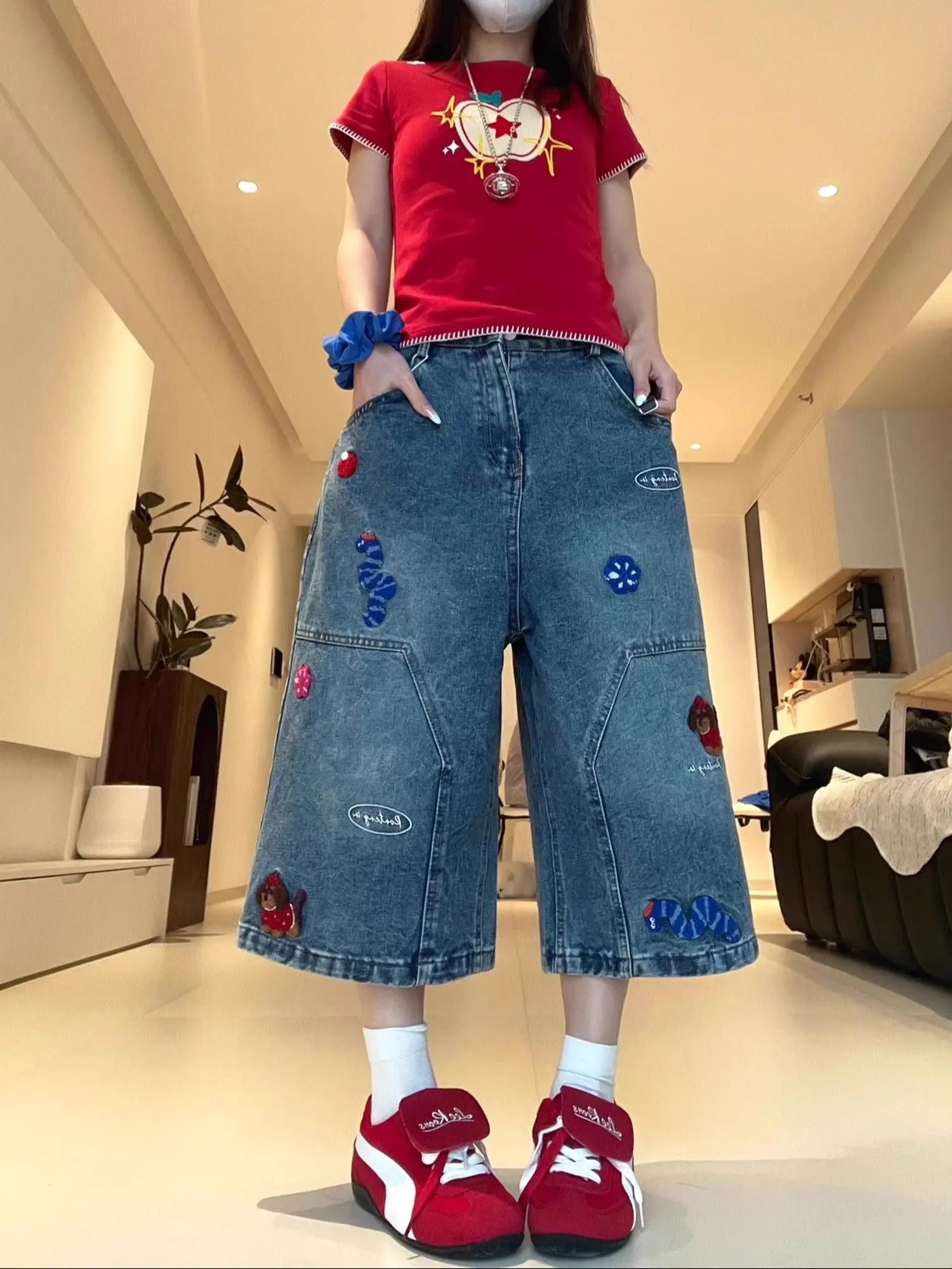 Women's retro American blue denim seven quarter hot girl shorts summer versatile straight leg wide leg casual loose Y2K jeans