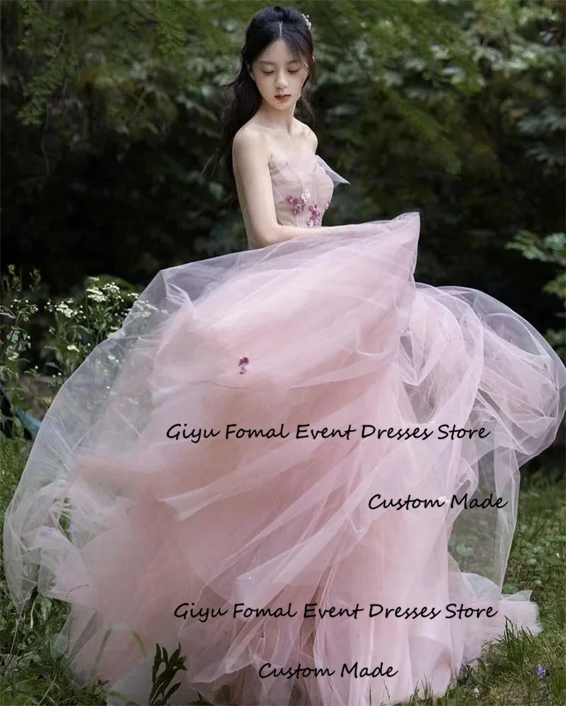 Giyu Elegant Warm Pink Soft Tulle Wedding Dresses Korea Strapless Flowers Princess Bridal Gowns Evening Party Corset Back