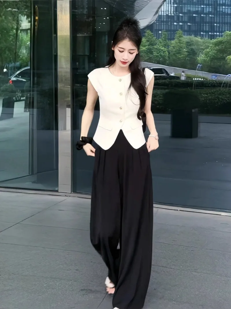 New High Quality Temperament Summer Two Piece Set Women Elegant O-neck Sleeveless Vest Coat Top + Casual Wide Leg Pants Suits