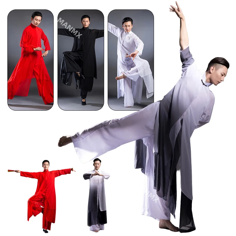 Double Chiffon Traditional Chinese TaiChi Kung Fu Suit Yangko Classical Dance Wear Wushu Performance Martial Arts Show Costume