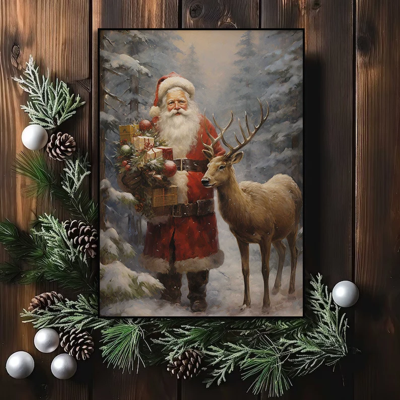 Vintage Christmas Winter Santa Claus Coming with Presents Snowy Forest Wall Art Posters Prints Canvas Painting Room Home Decor