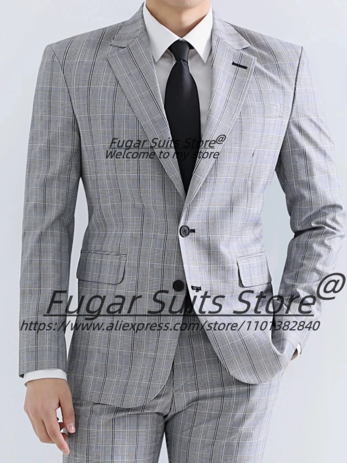 

Fashion Gray Plaid Men Suits Customized Slim Notched Lapel Groom Wedding Tuxedos 2 Pieces Sets Male Business Blazers Ropa Hombre