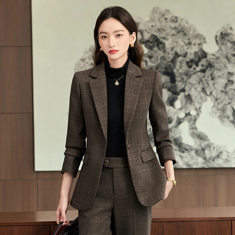Navu terno profissional feminino high end novo temperamento xadrez casual fino manga longa blazer e calças escritório senhoras trabalho wear