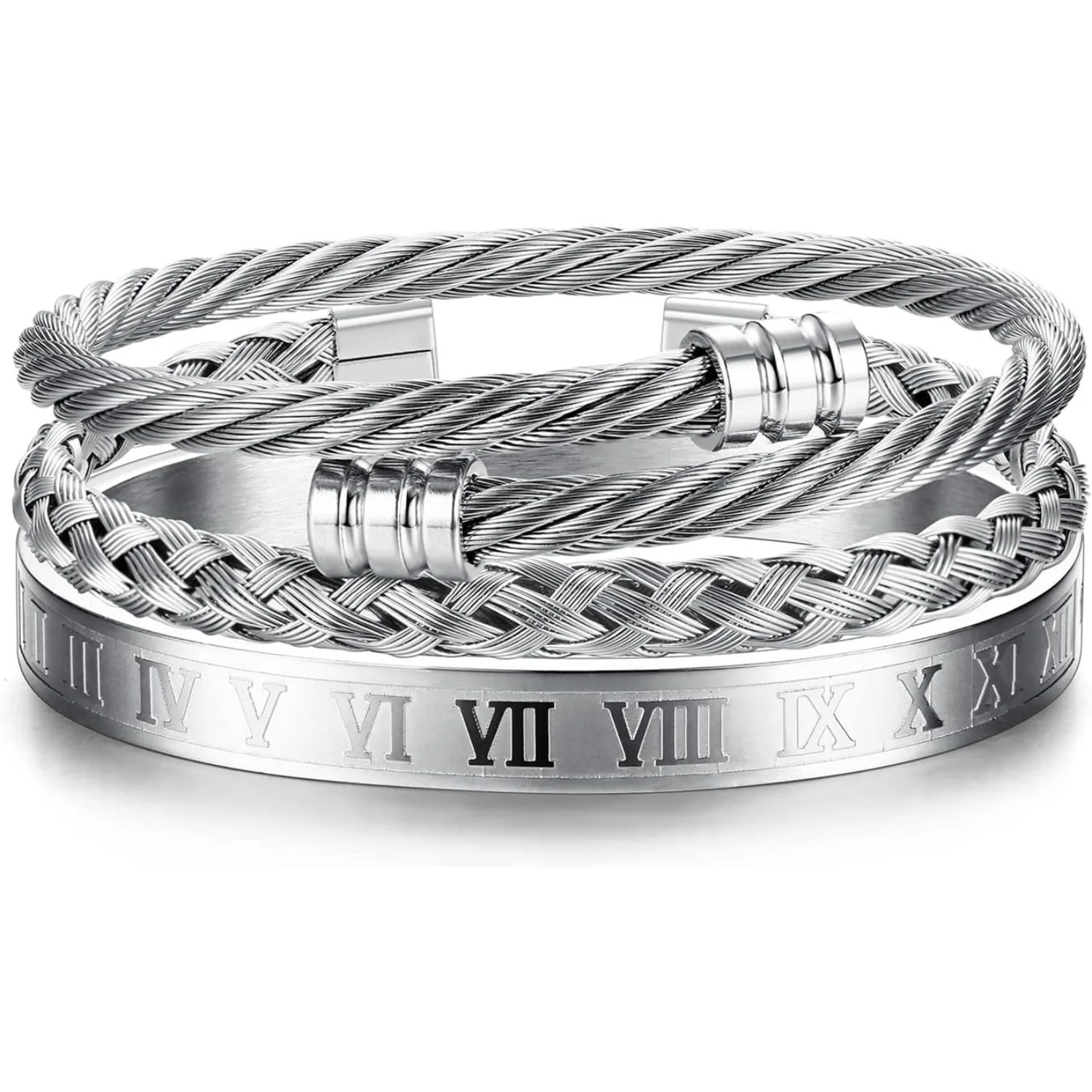 

Bobisty 3Pcs Stainless Steel Bracelets for Men Roman Numeral Bangle Adjustable Cuff Bracelet Twisted Cable Bracelet Jewelry Gift