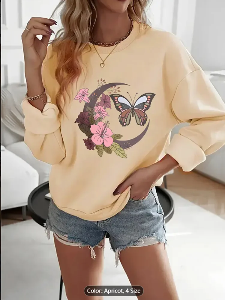 

Womens Sweatshirt Moon Floral Butterfly Graphic Print Casual Oversized Pullover Top for Nature Lovers Pure Cotton Comfort Fit