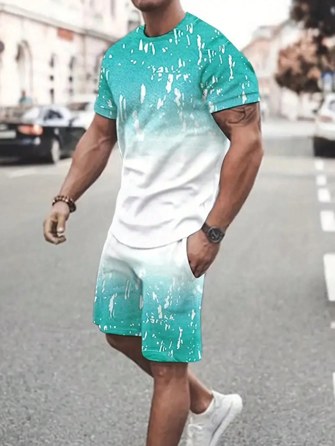 Casual Men's Suit Summer Color-block Round Neck Short-sleeved Casual T-shirt and Belted Shorts Suit