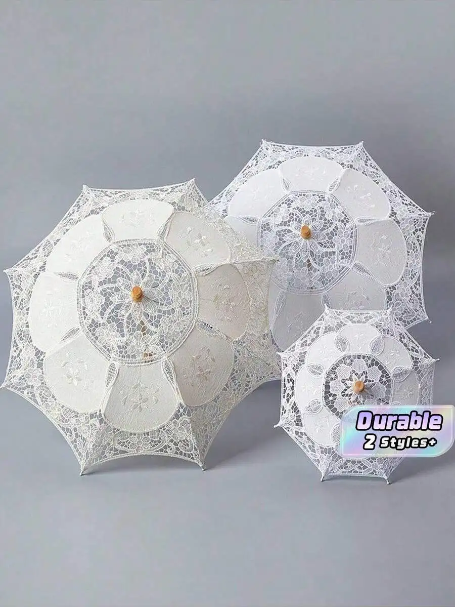 

1pc Lace Crochet Parasol - Hollow Decorative Sun Umbrella For Wedding, Party & Photography Props