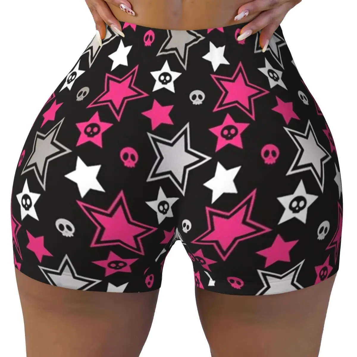 

Пользовательские черные и розовые шорты для йоги с эросковыми звездами, женские шорты для тренировок в тренажерном зале, спортивные шорты для волейбола, байкерские шорты