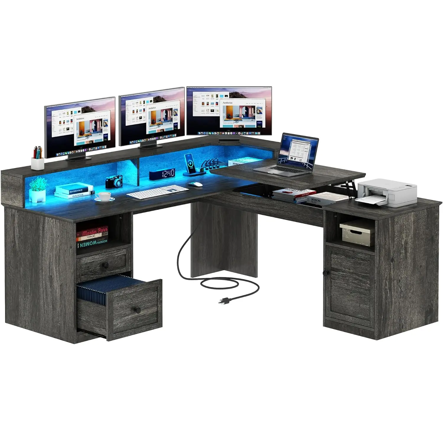 L-Shaped Corner Computer Desk with Drawers Power Outlets Lift Top Cabinet LED Adjustable Grey Customized
