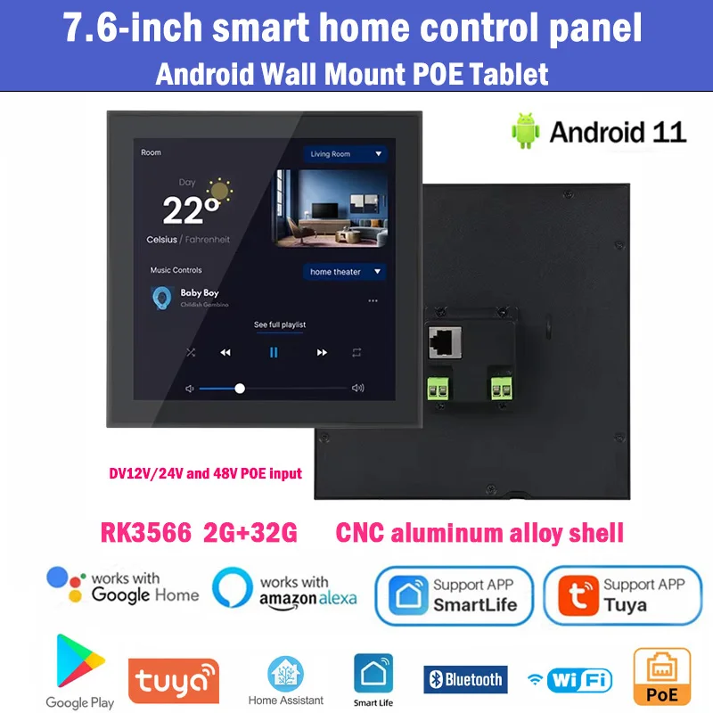 

New Metal Body 7.6 Inch Wall Mount Square Smart Home Control Panel Android 11 POE Tablet Touch Screen with RJ45 RS485 Wifi BT