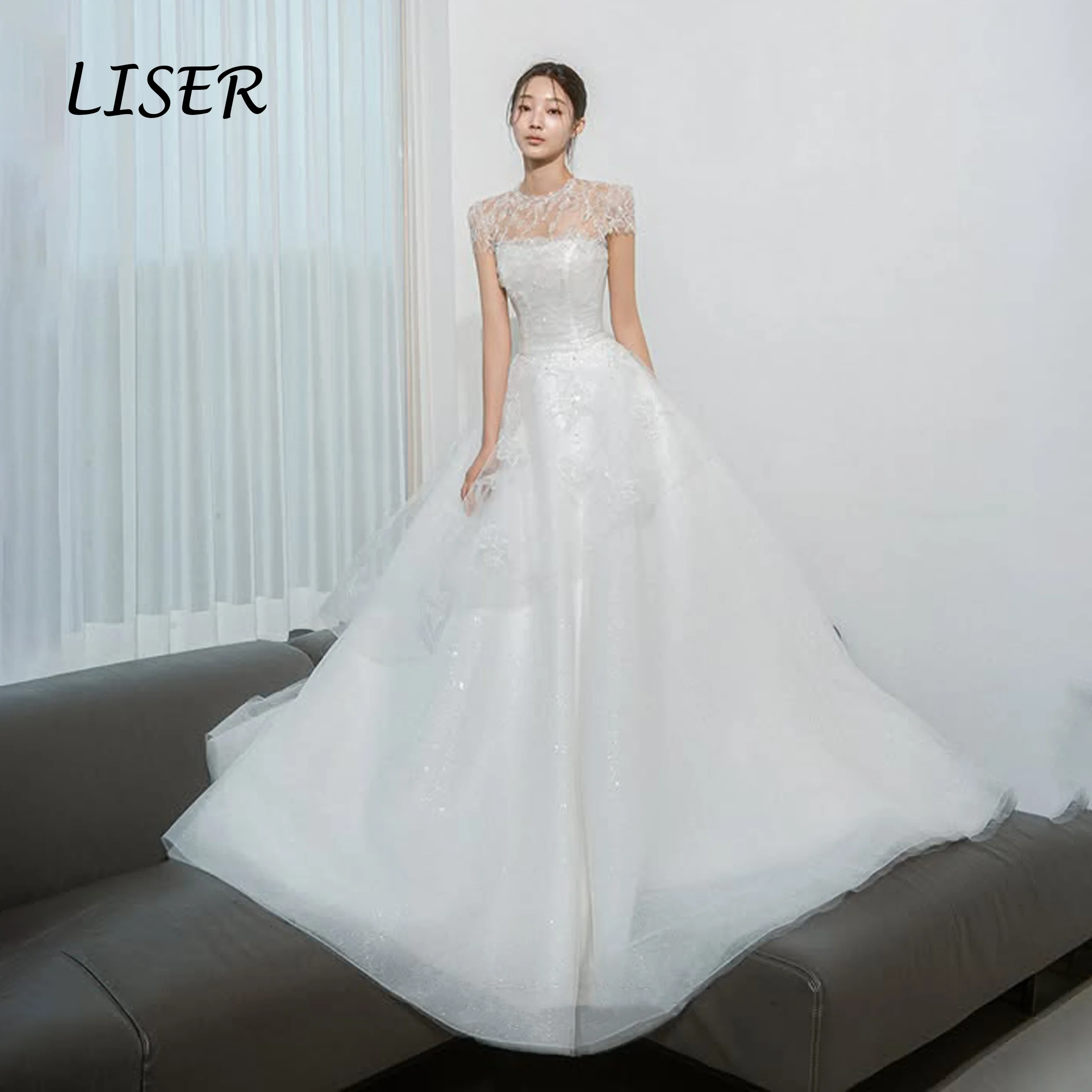 Liser Luxurious O-Neck Lace Wedding Dress A-line Sweep Train Korea Wedding Dress Photo Shoot 웨딩드레스 Short Sleeves Customized