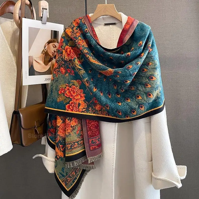 New Peacock Pattern Scarf Shawl Autumn Retro Chinese Style Jacquard Wrap Soft Warm Neck Scarf Versatile Women Daily