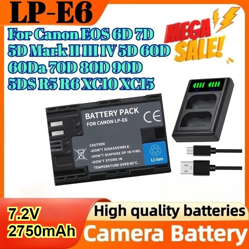 LP-E6 LPE6 LP E6 E6N بطارية 2750mAh لكانون EOS 5DS R 5D Mark II 5D Mark III 6D 7D 70D 80D R R5 R6 R7,R5 C,R6 Mark II كاميرا #1