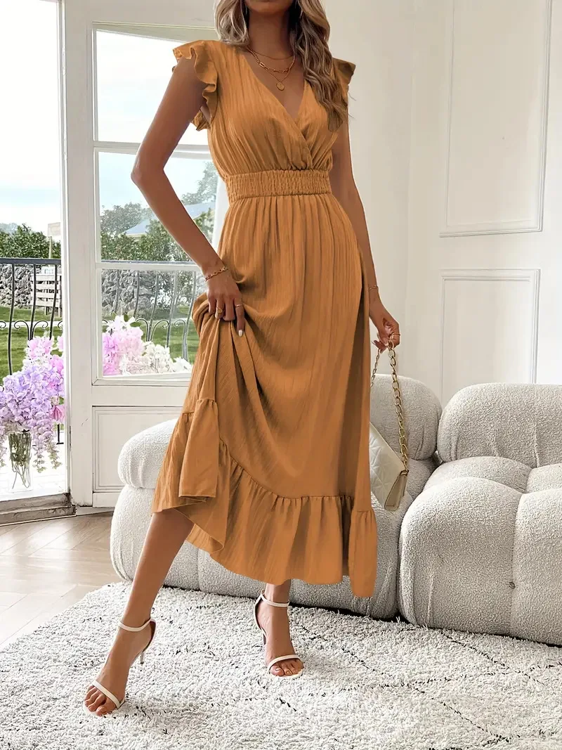 المرأة فستان طويل جديد الصيف الخامس الرقبة بلون فساتين قصيرة الأكمام الخصر ماكسي ثوب مكتب سيدة الكشكشة فستان كاجوال #6