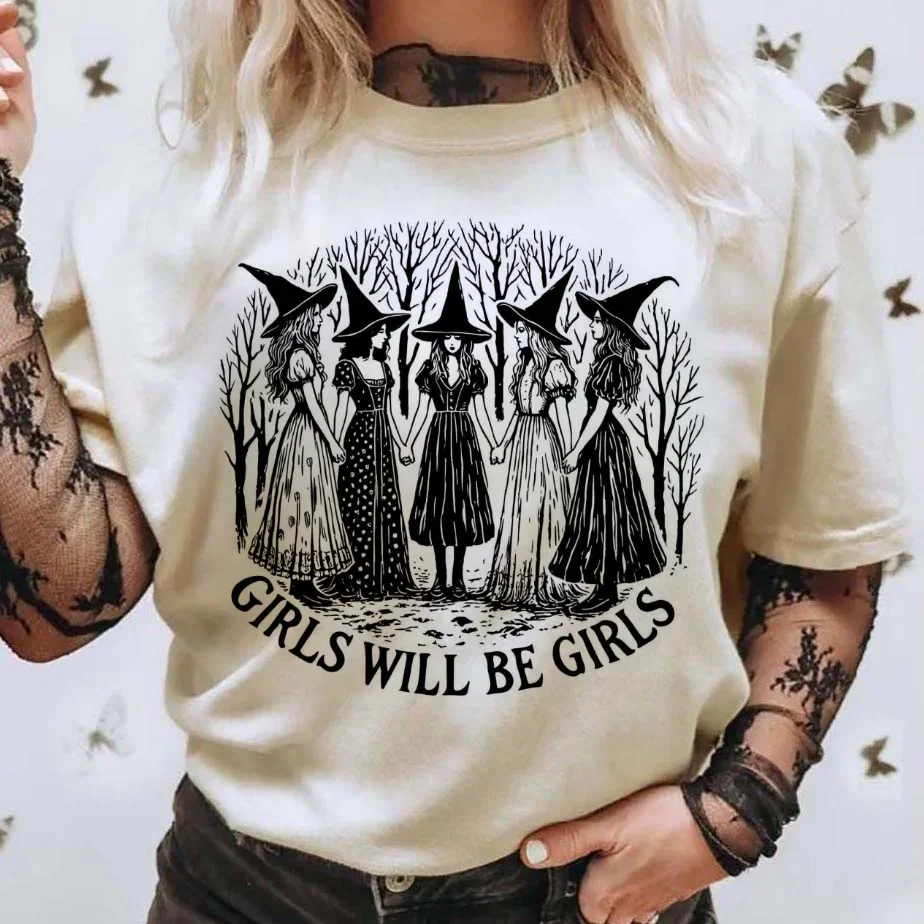 Girls Will Be Girls Witch Feminist Printed Round Neck Retro T-Shirt Casual Short Sleeve Summer Fashion Style Women's T-Shirt Top