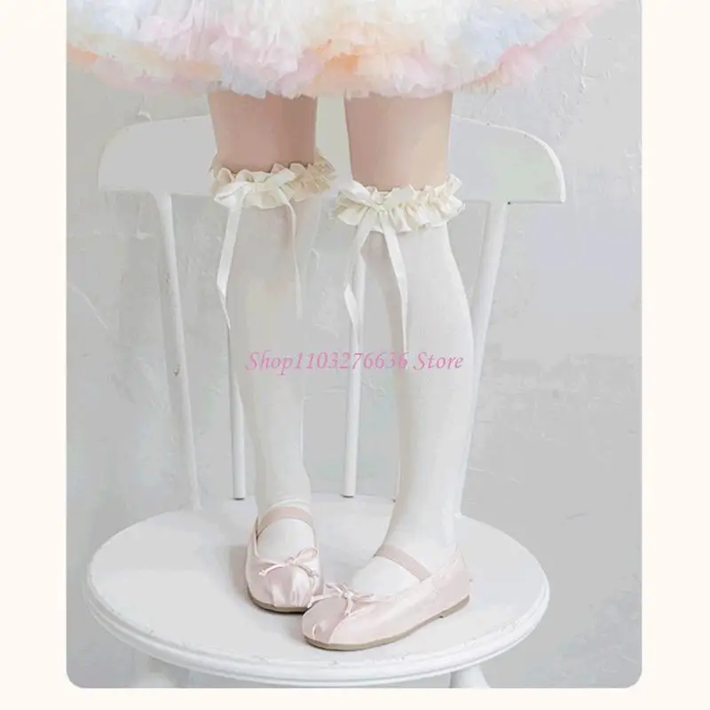 

R6FD высокие носки с длинным бантом, носки для девочек, дышащие носки для девочек от 3 до 13 лет, кружевные носки до середины до