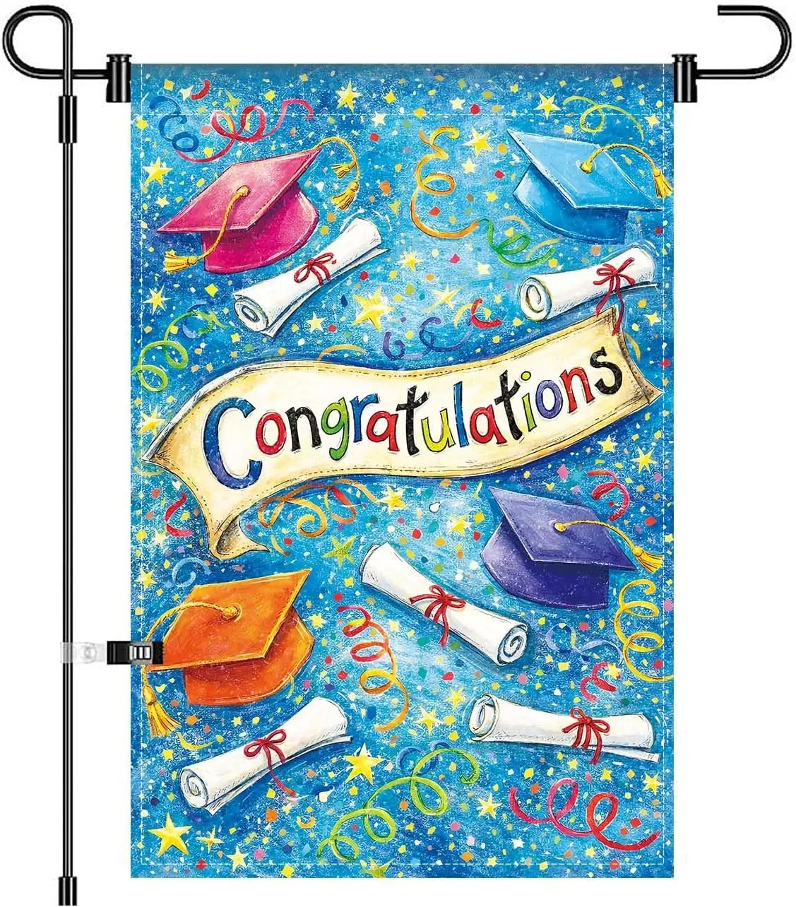 Congratulations Garden Flag Graduation Theme with Caps and Diplomas Banner 12x18 Inch Double Sided for Outdoor Patio Lawn Ho MMZ
