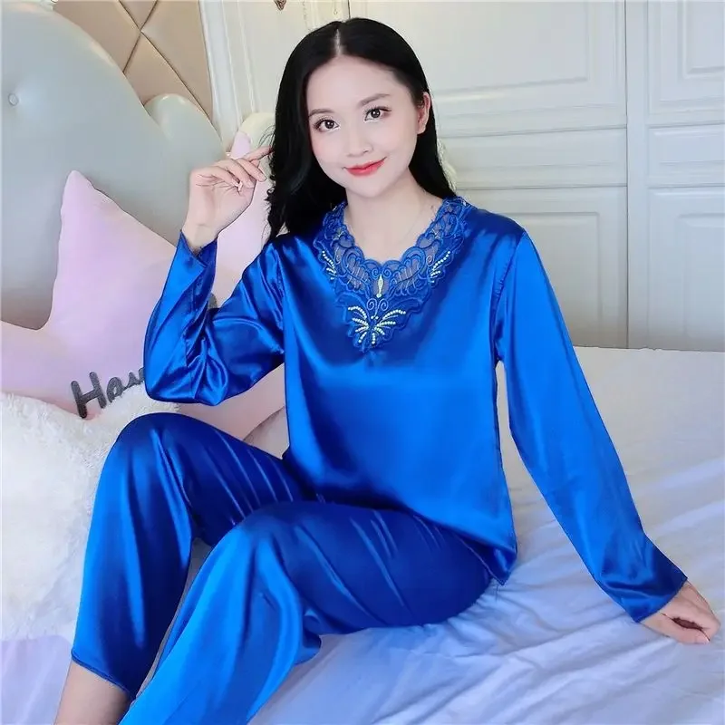 Large size pajamas for women, spring and autumn styles, ice silk thin style, sexy long sleeved home clothing set, summer