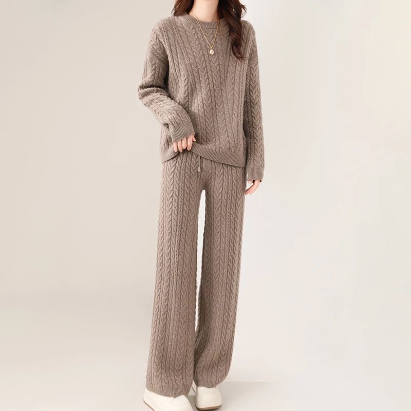 Autumn Winter Thick Women 100% Merino Wool Sweater & Trousers Set O-neck Knit Twist Braid Sweater Wide-leg Pants Two Pieces Set