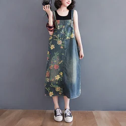 #2125 abito in Denim stampato floreale donna tuta Vintage abito femminile senza maniche senza maniche con spalline abito in Denim Midi Summer