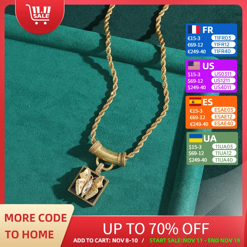 

Vintage Enamel Black Butterfly Pendant Necklace Antique Gold Color Rope Chain Jewelry Designer Quality Luxury For Woman Party