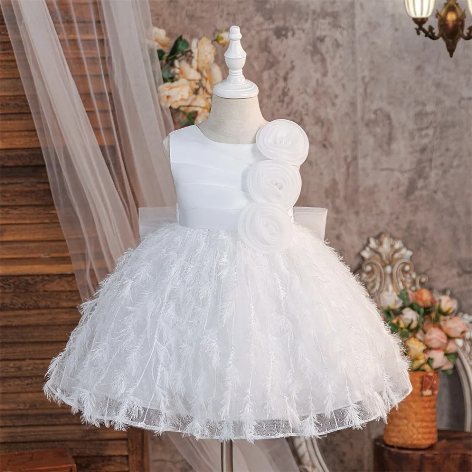 Girls Sleeveless White Feather Tulle Flower Dress Side 3D Rose Fluffy Feather Skirt Children Birthday Formal Gown Costume ASQ03