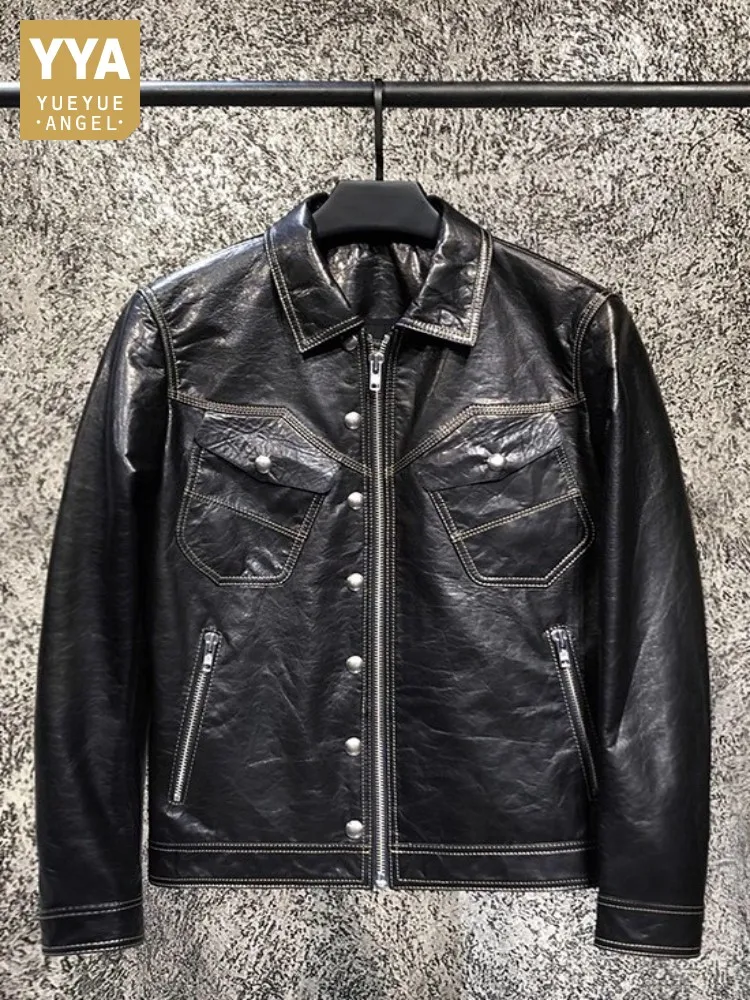 

Autumn Luxury Genuine Leather Men Jacket Slim Fit Turndown Collar Outerwear Chic Coat Natural Sheepskin Zippers Party Overcoat