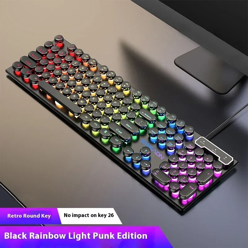 

Retro Round Punk Mechanical Keyboard Blue Black Switch 104 Keys Usb Wired Gaming Keyboards Rgb Backlit for Pc Laptop Gamers