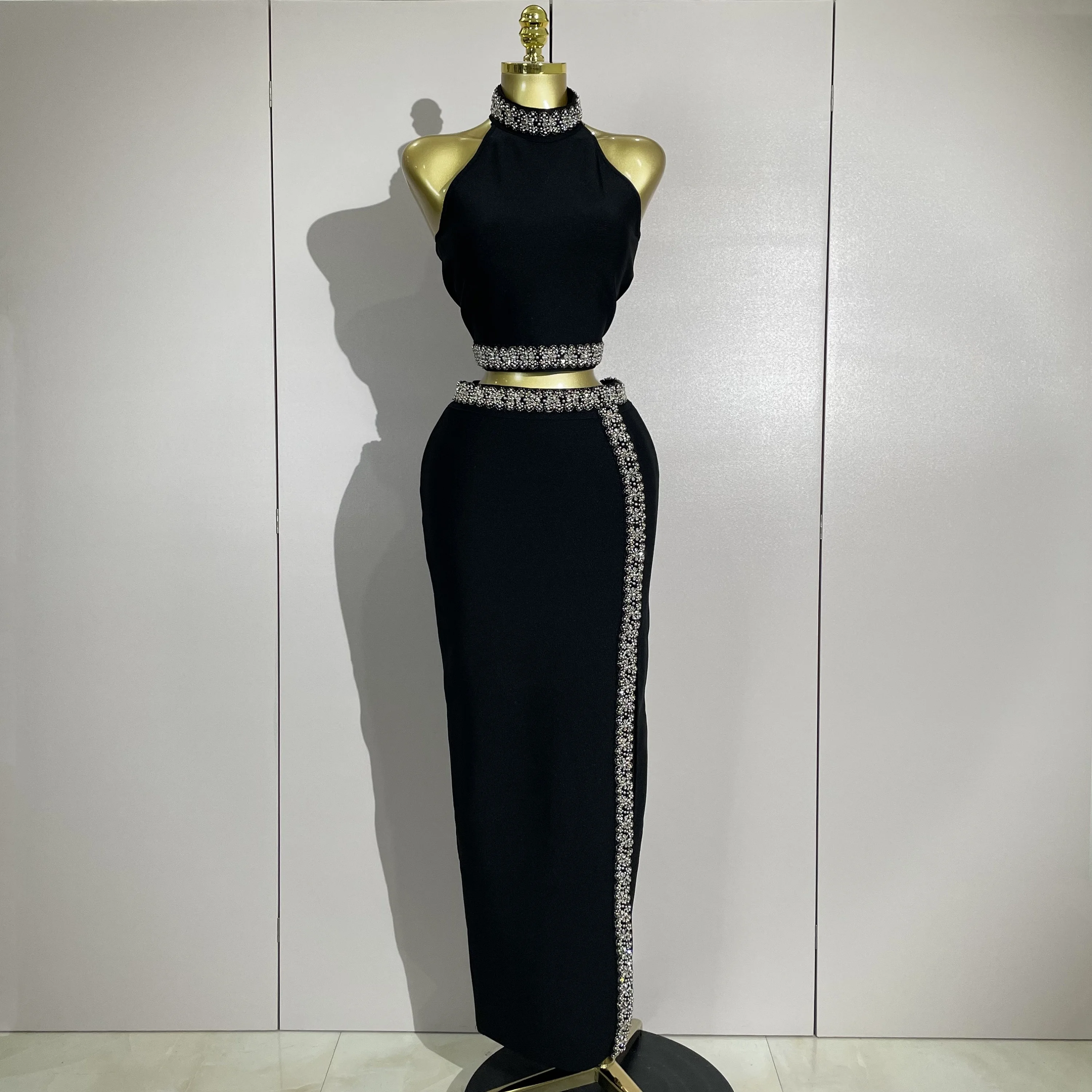 Elegant Sparkly Beading Diamond Side Split Two Piece Set 2025 Celebrity Evening Luxury Birthday Party Dress Wedding Guest Gowns