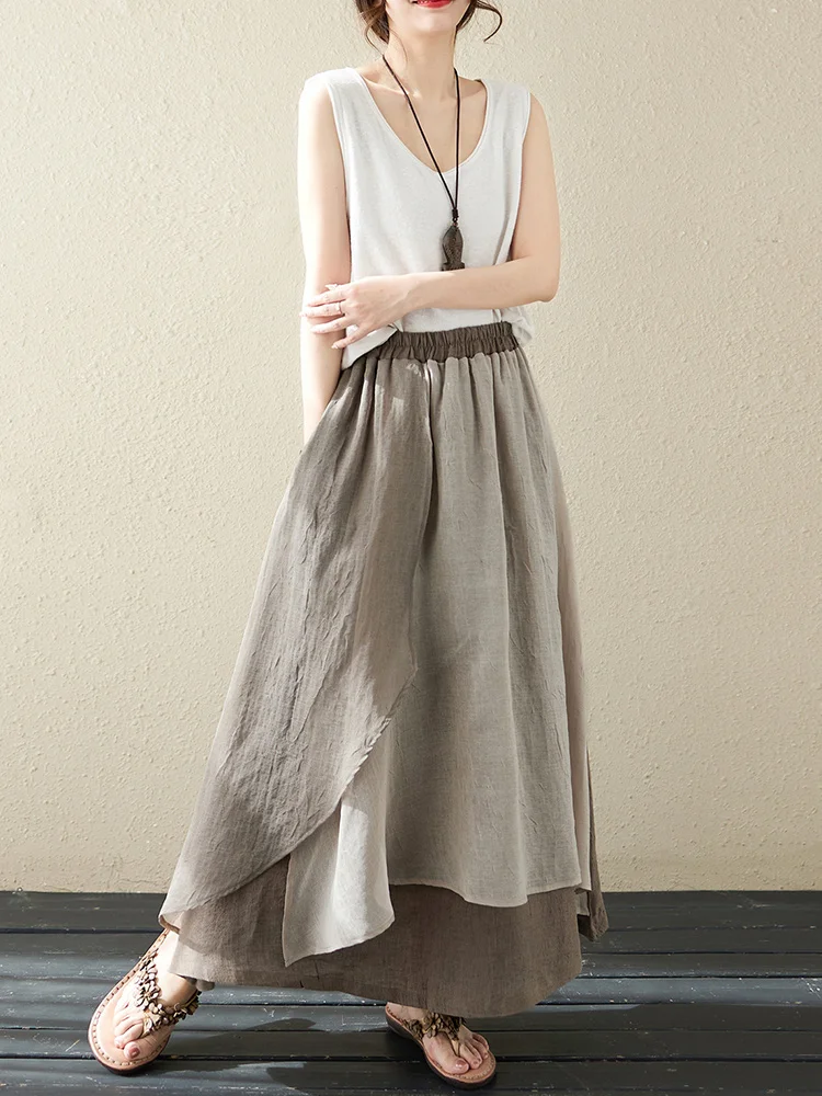 تنورة ماكسي من الكتان بطبقات مزدوجة تنورة يابانية غير متناظرة من القطن والكتان f تنورة للجسم بخصر عالٍ على شكل حرف a جرس Sve #4