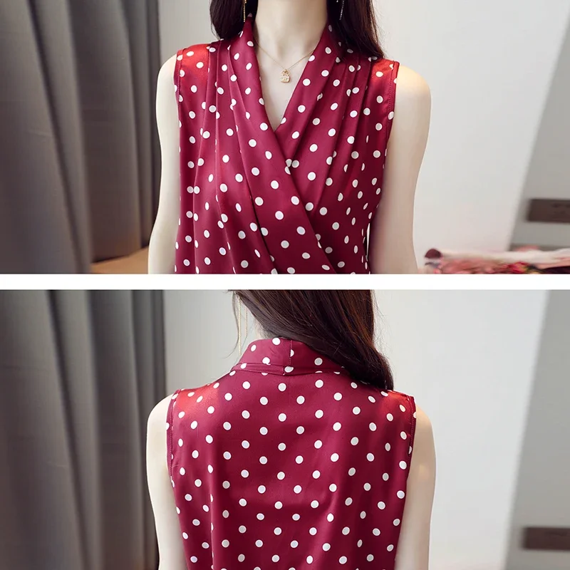 Summer New Elegant Polka Dot Chiffon Blouses Women Sleeveless V-neck Female Shirts Casual Loose Tops Shirts Femme Blusas 13120