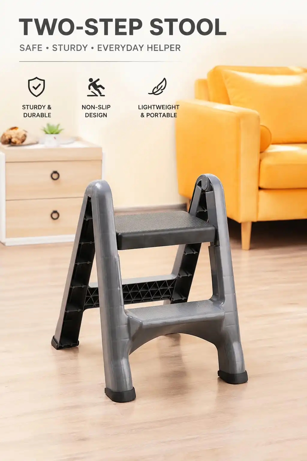 Foldable Two-Step Plastic Ladder for Car Washing, Home Use, and General Climbing – Lightweight & Portable