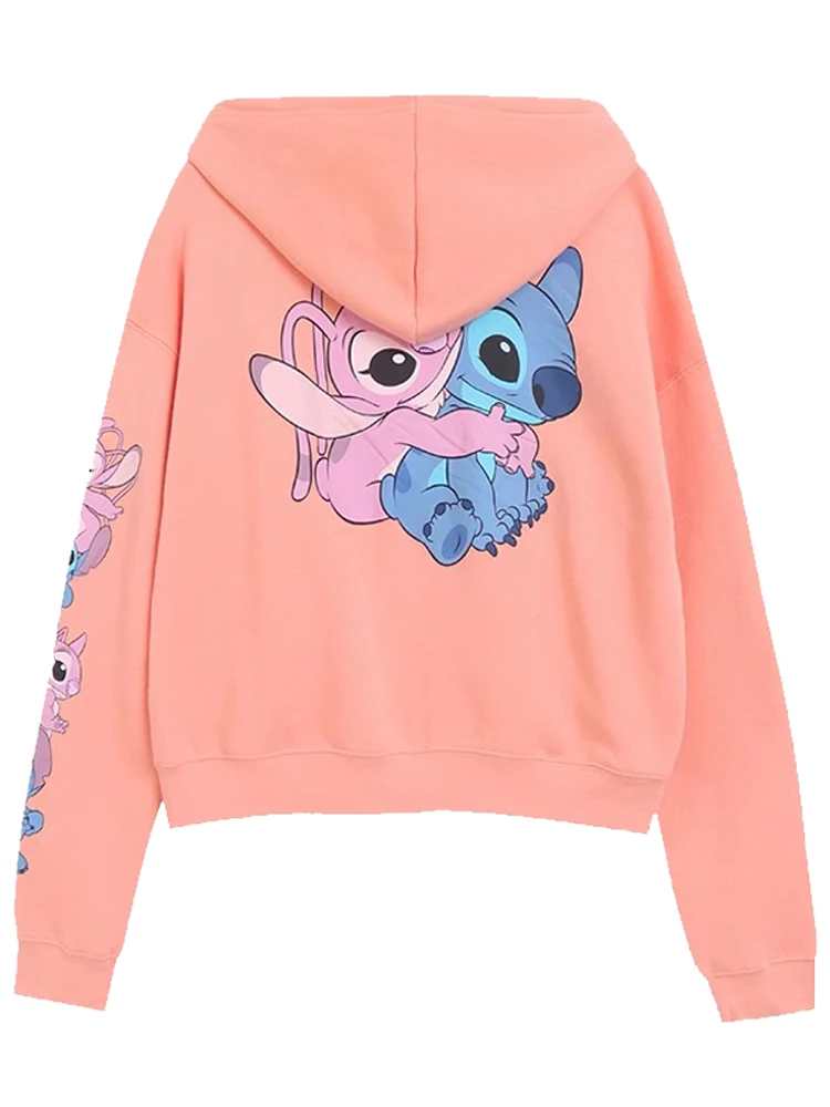 Disney Stitch Angel Little Monster Print Sweatshirt Women Zip Pocket Hooded Long Sleeve Jumper Fleece Tops Female Streetwear