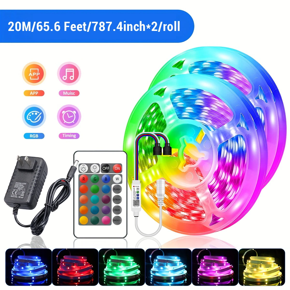 RGB LED Light Strip para quarto, 30LEDs por m, 5050, Bluetooth App Control, 12V DC, Fonte de Alimentação dos EUA, Fita Flexível, Fita de Diodo para TV Backlight, Quarto